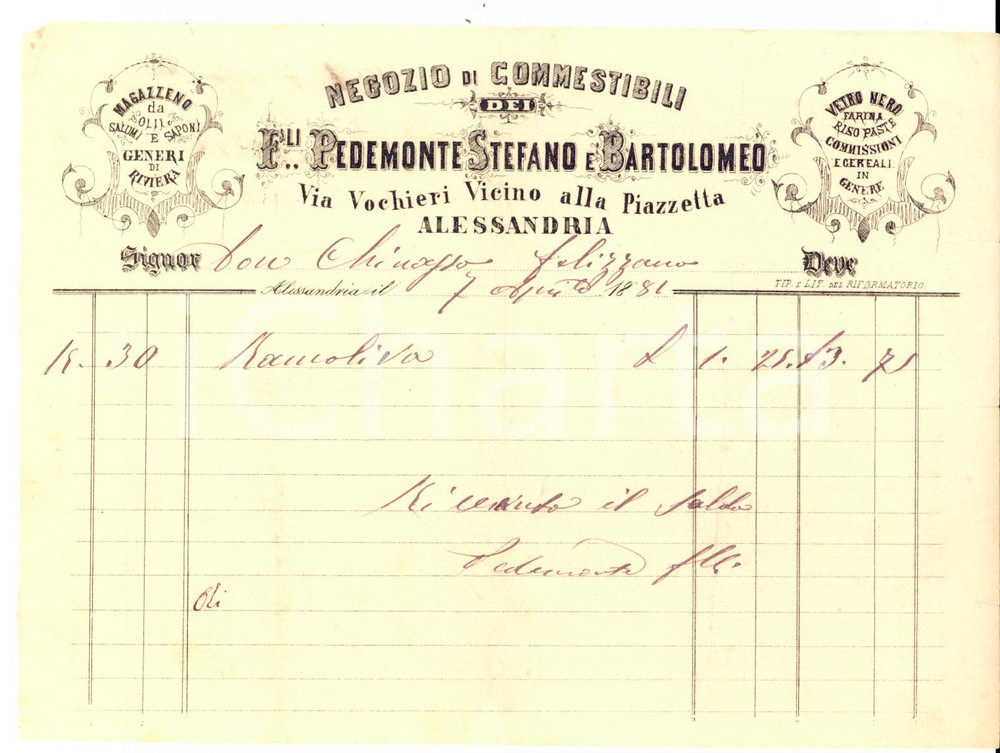Documento originale, autentico 1881 ALESSANDRIA Fratelli PEDEMONTE Stefano e Bartolomeo - Commestibili *Fattura 1