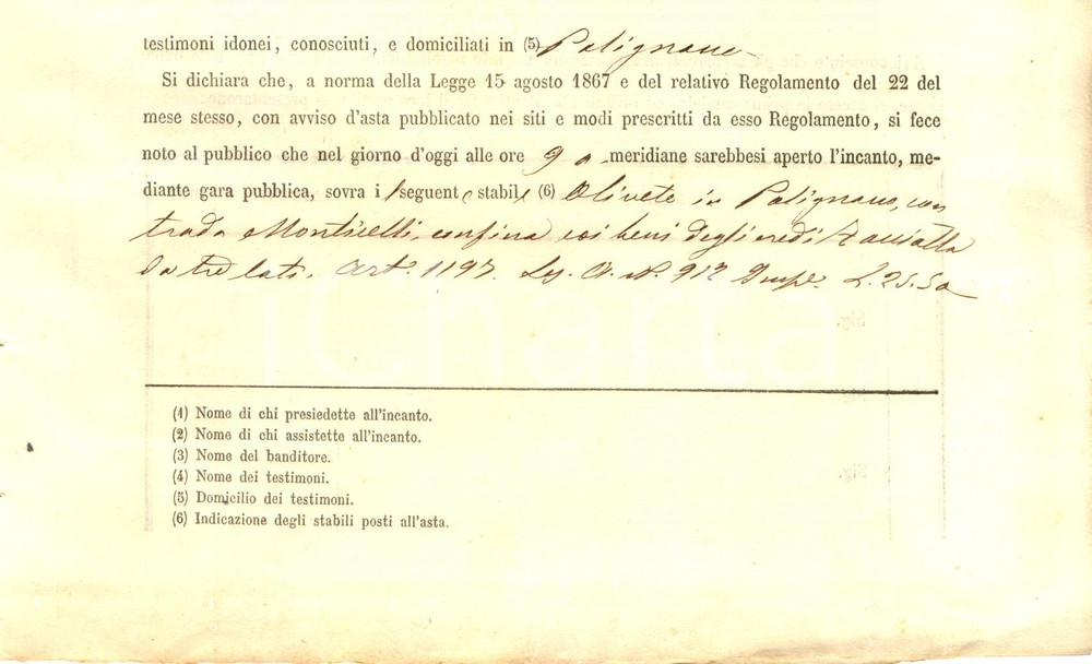 Documento originale, autentico 1873 POLIGNANO (BA) Vendita all'asta oliveti in contrada MONTICELLI 16 pp. 1