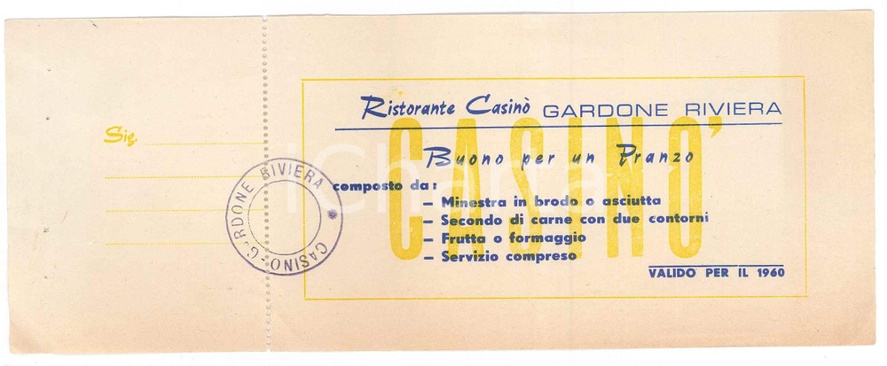 Materiale pubblicitario d’epoca 1960 GARDONE RIVIERA Ristorante Casinò  Buono per pranzo 1