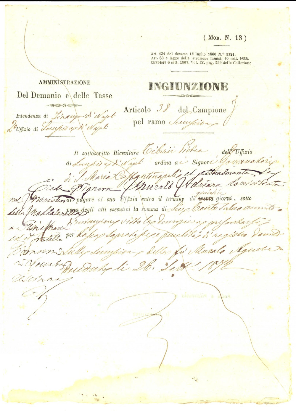 Documento originale, autentico 1872 NAPOLI Ingiunzione pagamento ad Adriana MUROLO per successione ereditaria 1