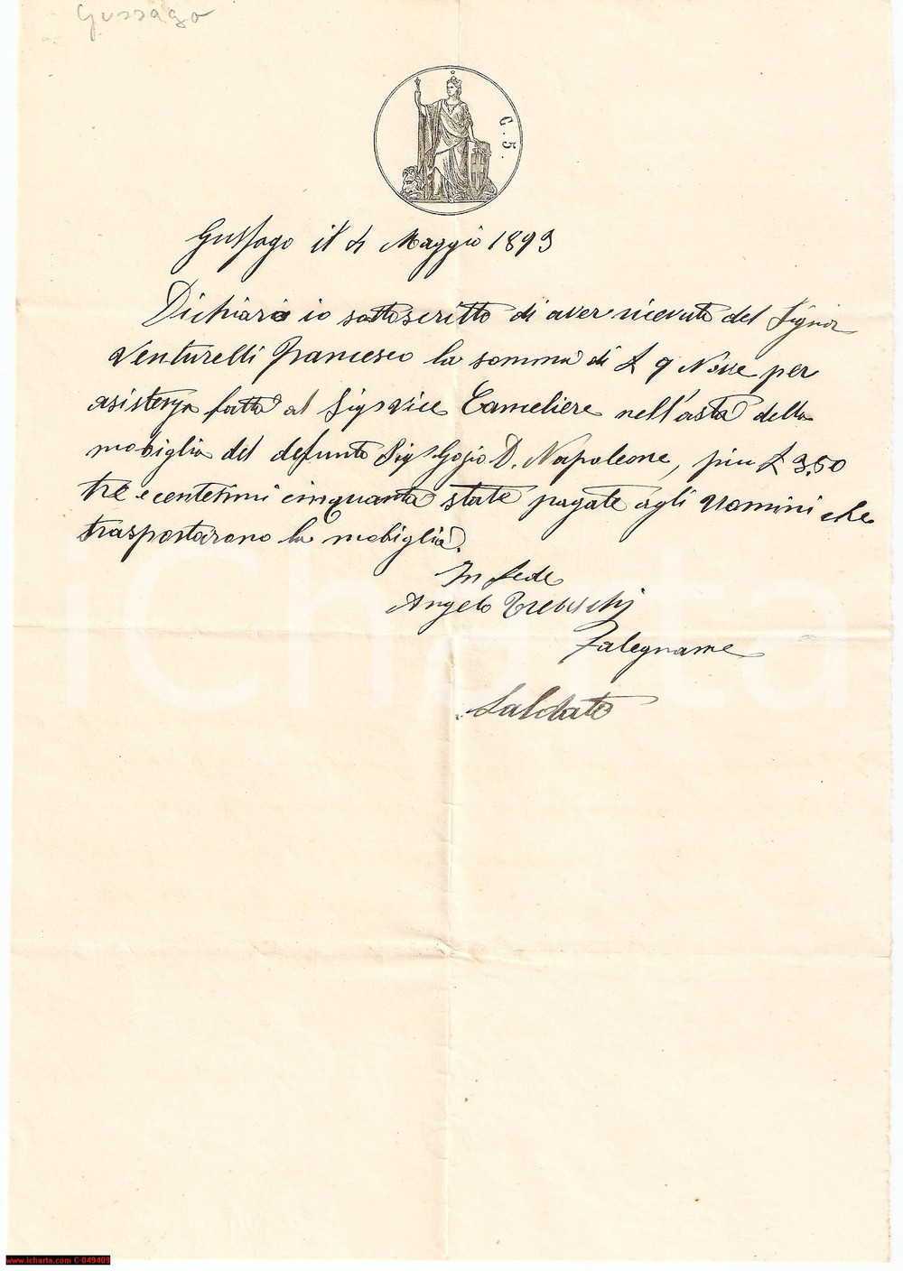 Documento originale, autentico 1899 GUSSAGO (BS) Ricevuta del falegname 1