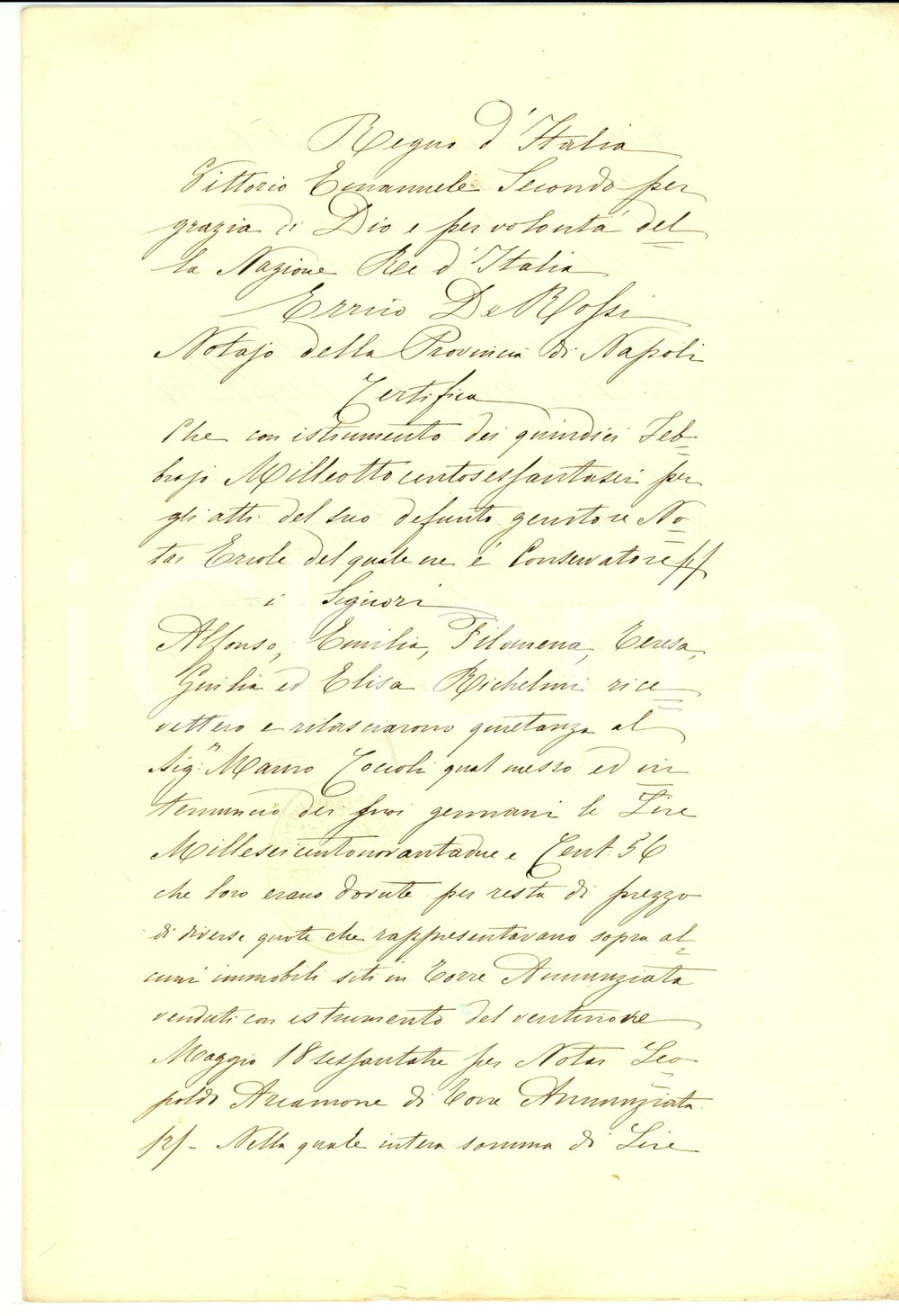 Documento originale, autentico 1863 TORRE ANNUNZIATA (NA) Crediti eredi RICHELMI verso Mauro COCCIOLO 1