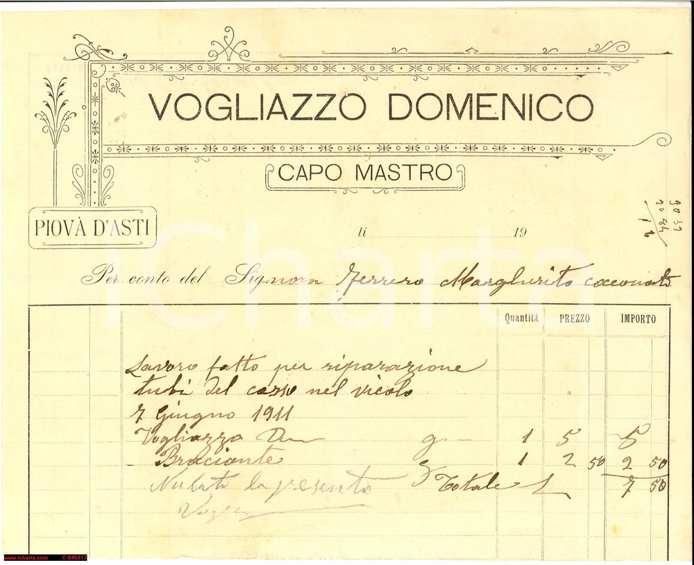 Documento originale, autentico 1915 ca PIOVA' MASSAIA (AT) Domenico Vogliazzo mastro 1