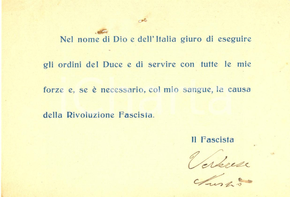 Documento originale, autentico 1930 ca Brindisi ? Giuramento del fascista Nunzio VERDERESE Documento 1