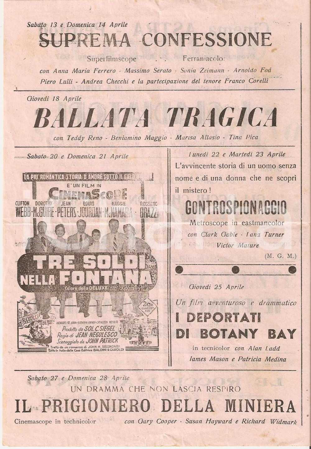 Materiale pubblicitario d’epoca 1957 PETRITOLI Cinema ASTRA Volantino programmazione TRE SOLDI NELLA FONTANA 1