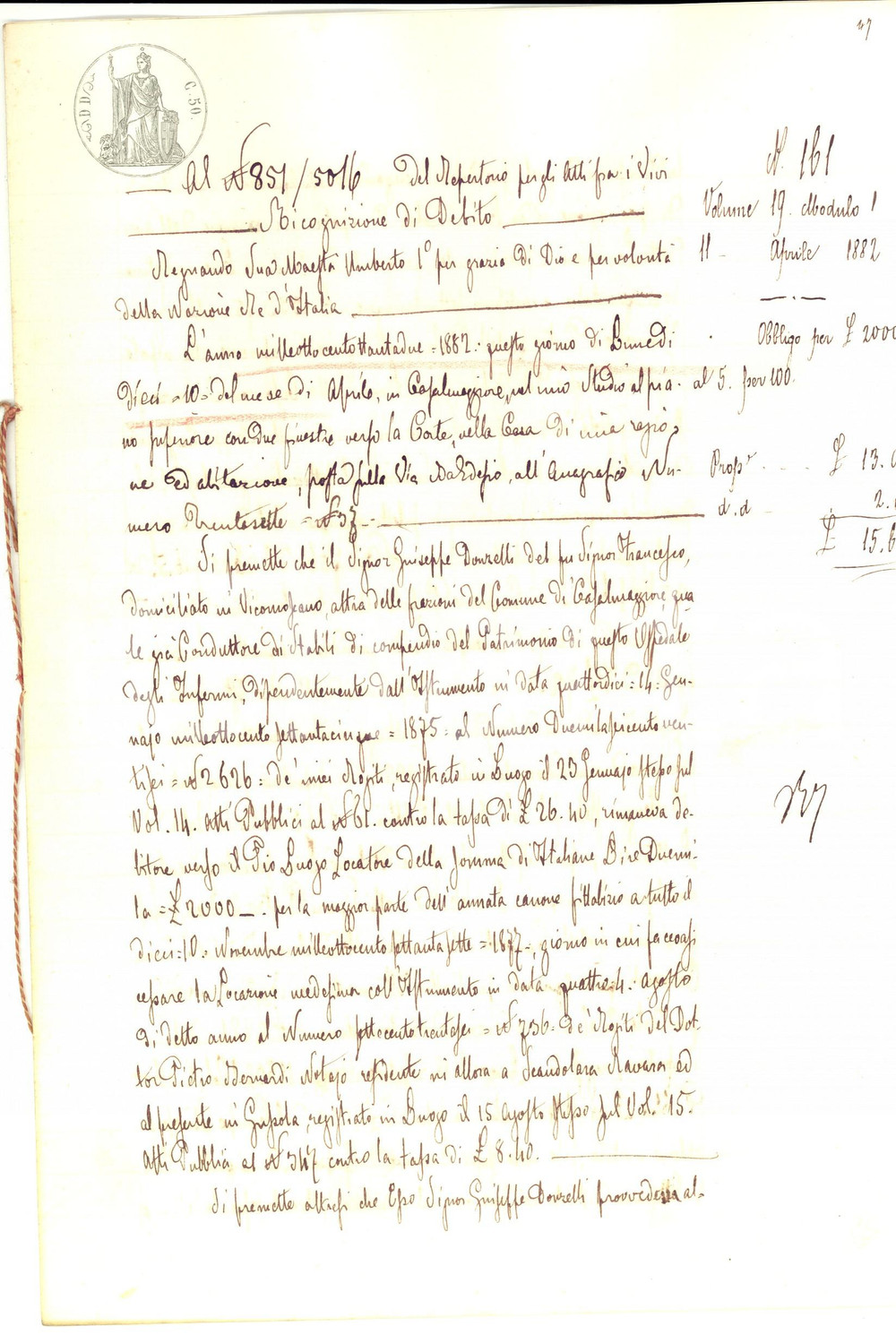 Documento originale, autentico 1882 CASALMAGGIORE Ricognizione debito fratelli POLI verso SPEDALE DEGLI INFERMI 1