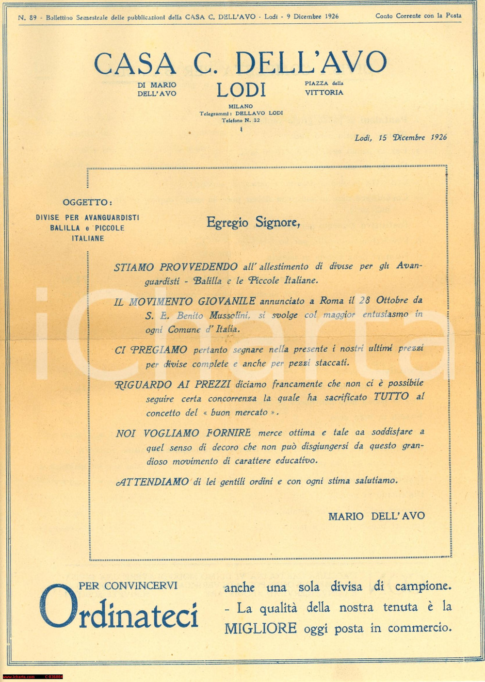 Documento originale, autentico 1926 Lodi *Casa dell'Avo Prezziario divise balilla 1