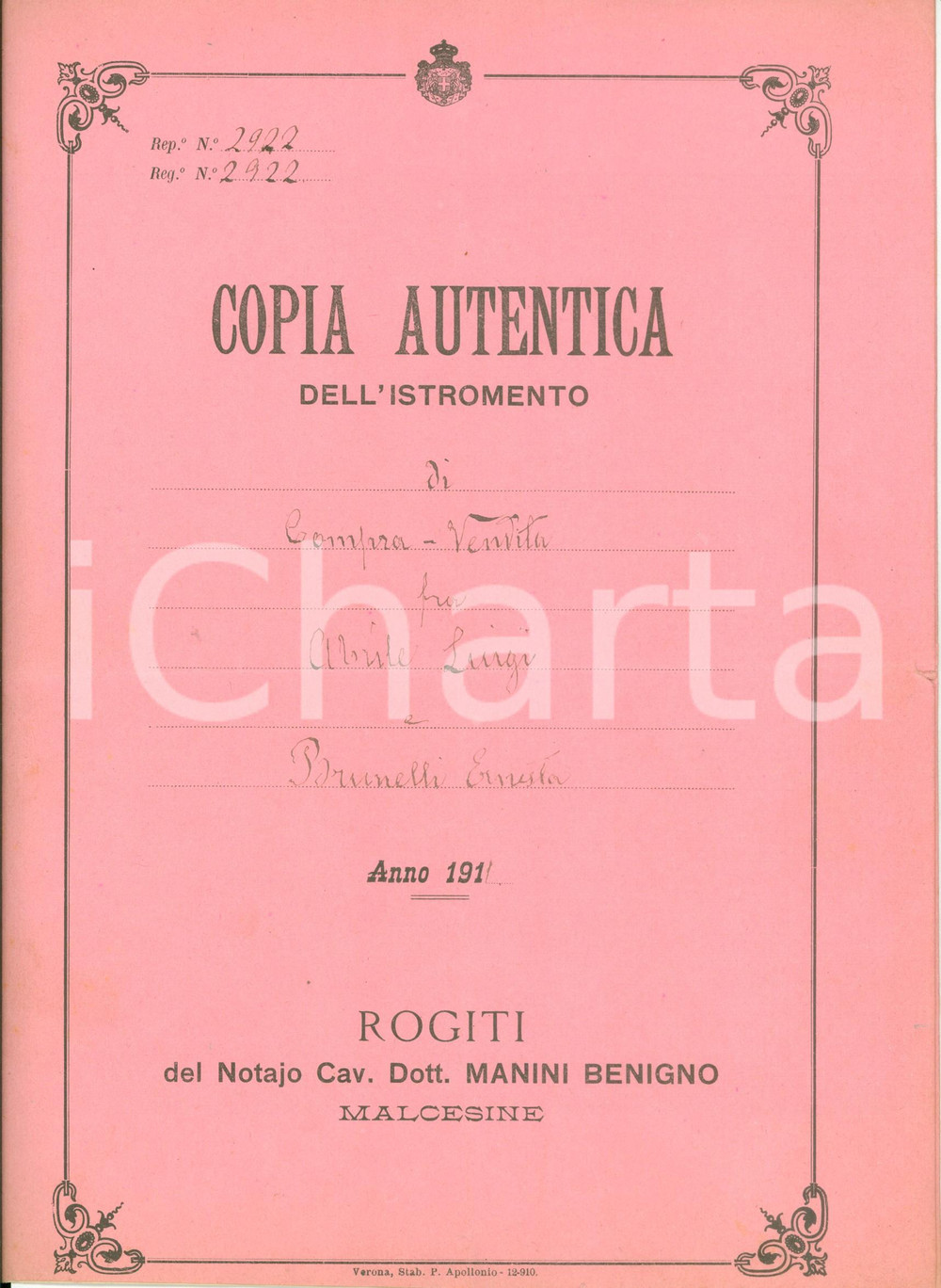 Documento originale, autentico 1911 MALCESINE VR Luigi ABRILE vende a Ernesta BRUNELLI una casa a GARDA 1