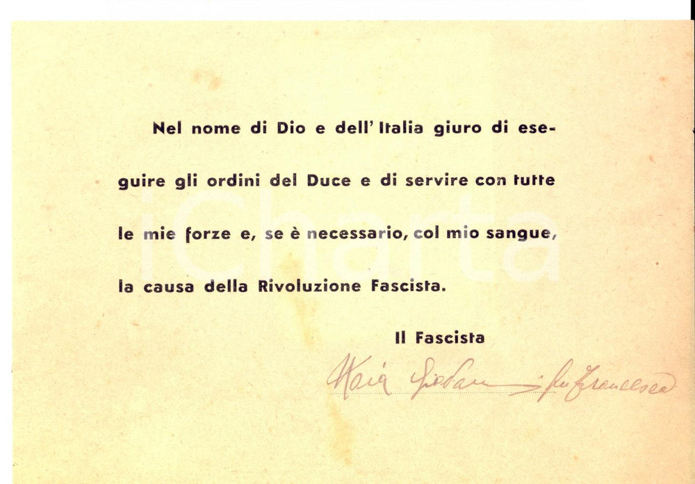 Documento originale, autentico 1930 ca VERONA ? Giuramento del fascista Isaia GIORDANI Documento 1
