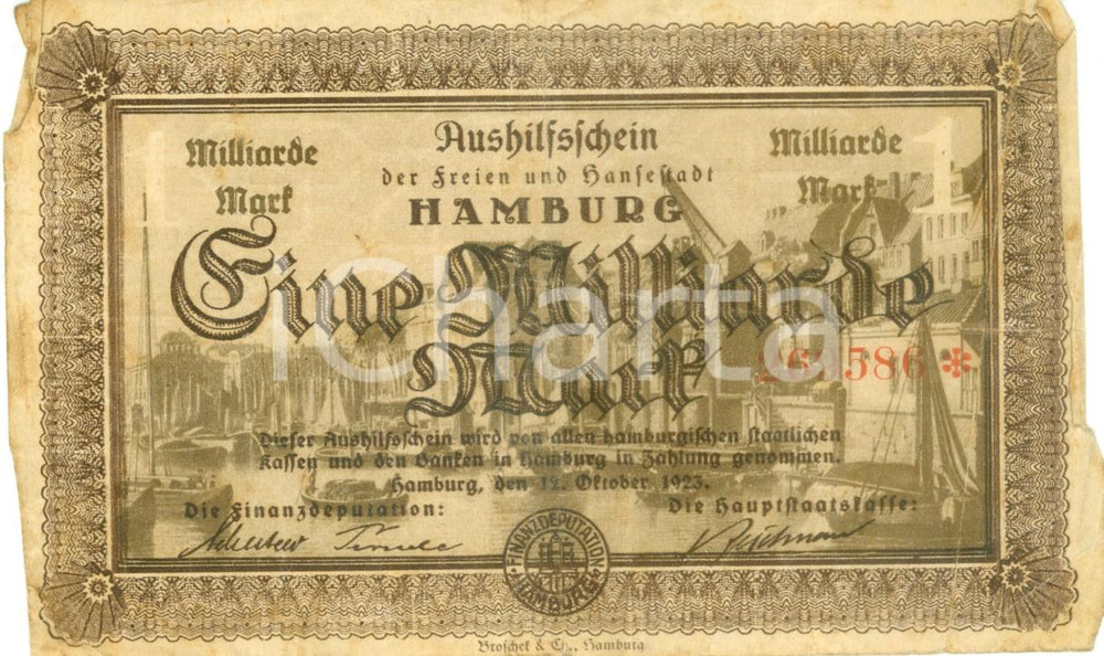Documento originale, autentico 1923 HAMBURG Eine Milliarde Mark *Banconota ILLUSTRATA DANNEGGIATA 1