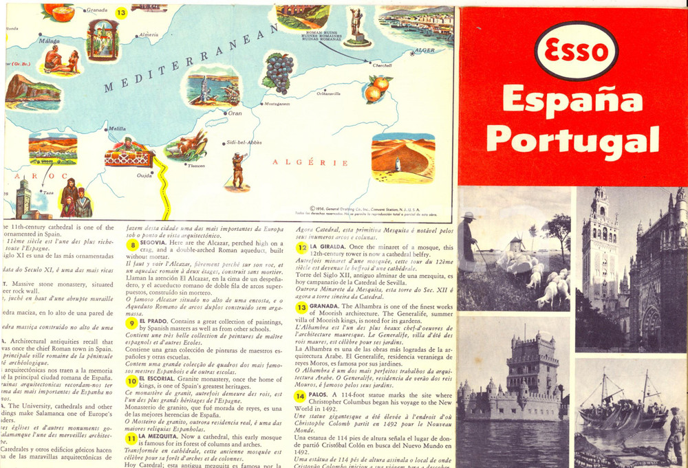 1956 ESPANA - PORTUGAL Pieghevole illustrato ESSO con mappa *VINTAGE   Pieghevole turistico d'epoca, illustrato.  CONDIZIONI: G (ma lievi tracce d'uso)     originale e autentica 1