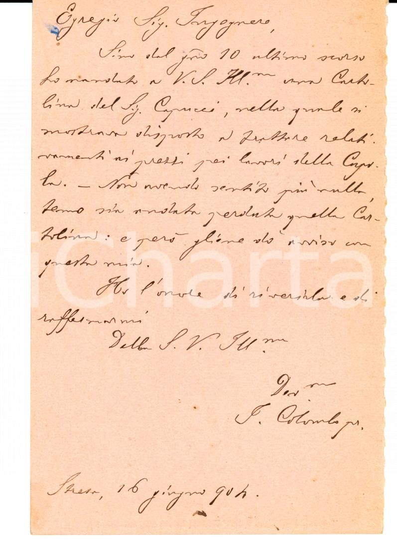 Manoscritto, lettera originale 1904 STRESA VB Ing. Stefano MOLLI lavora al SANTUARIO DI BOCA FP VG 1