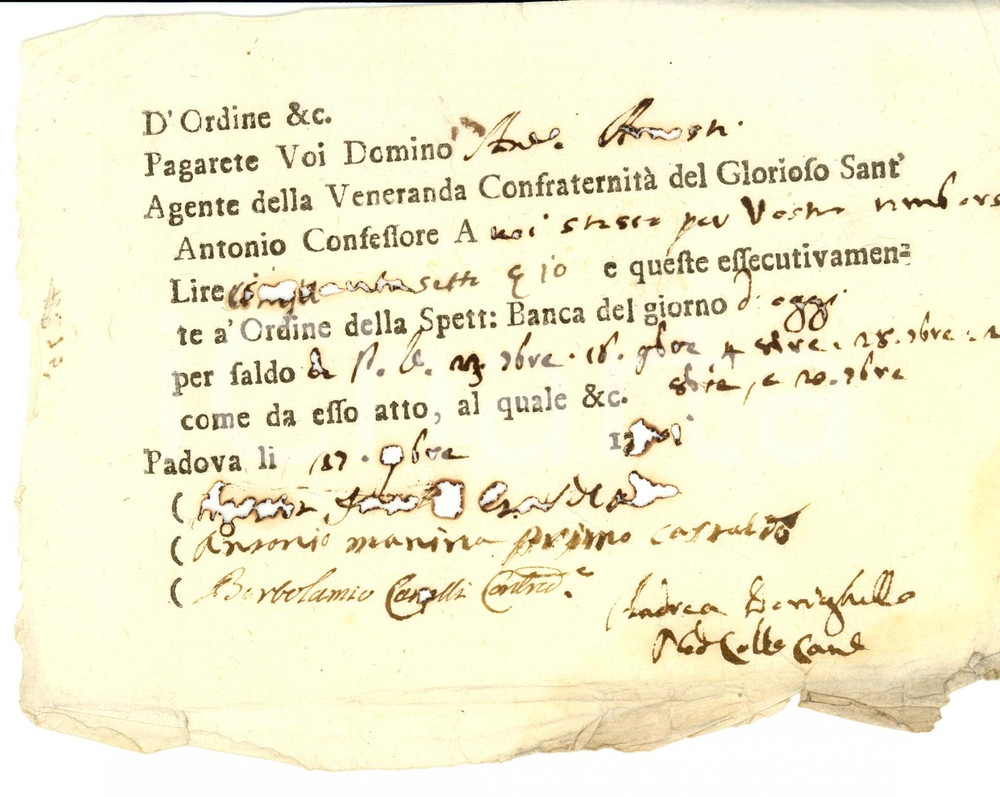 Documento originale, autentico 1791 PADOVA Rimborso agente Antonio ARROSTI S. ANTONIO 1