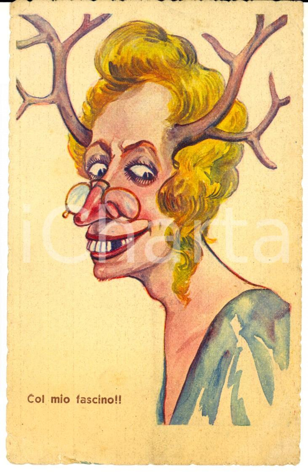 Cartolina originale da collezione 1930 ca Col mio fascino!! Vecchia cornuta *Cartolina ILLUSTRATA SATIRICA 1