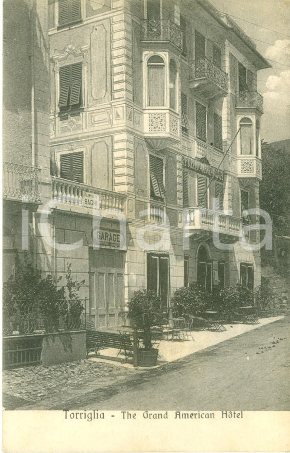 Cartolina originale da collezione 1915 TORRIGLIA (GE) Facciata del Grand American Hotel con garage *Cartolina FP 1