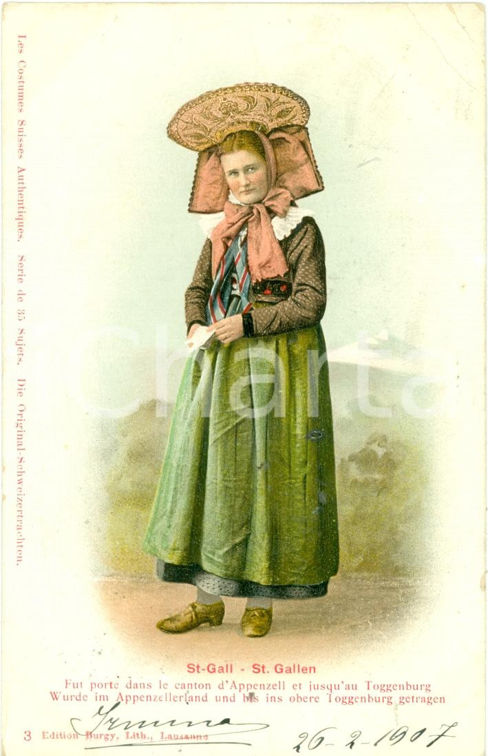 Cartolina originale da collezione 1907 SAN GALLO CH Costume tipico sangallese COSTUMES SUISSES Cartolina FP VG 1