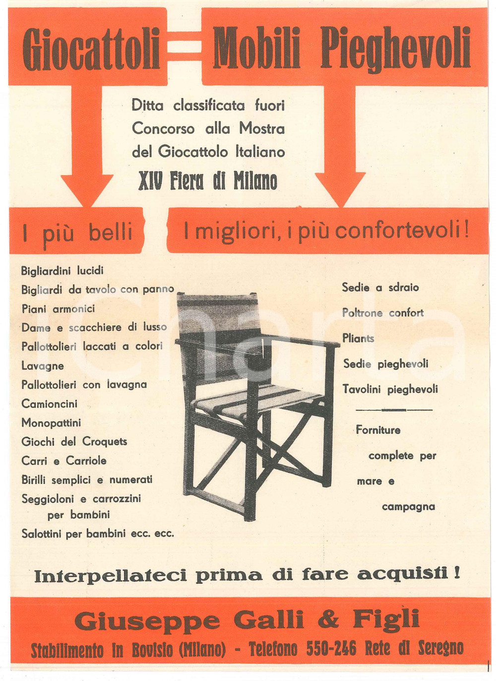 1933 BOVISIO MASCIAGO Ditta Giuseppe GALLI Giocattoli e mobili *Volantini Volantino originale d'epoca. FAIR/discreto piegatura centrale d'epoca Formato: 17x24 cm originale e autentica 1