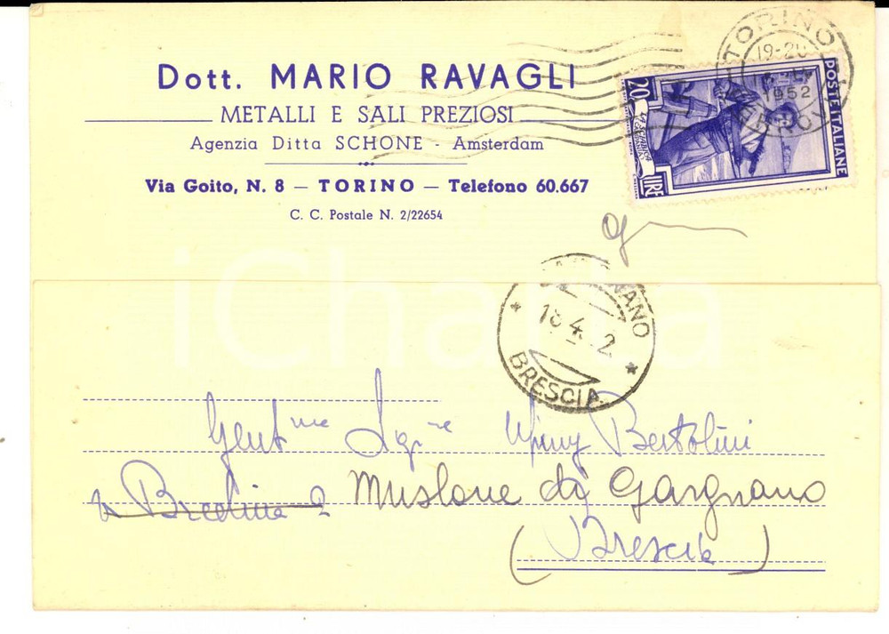 Cartolina originale da collezione 1952 TORINO Dott. Mario RAVAGLI  Metalli e sali preziosi Cartolina intestata 1