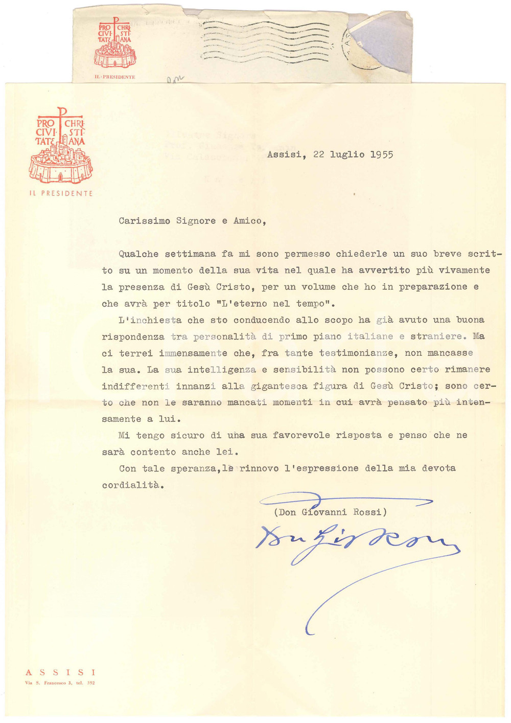 1955 ASSISI Pro Civitate Christiana - Lettera don Giovanni ROSSI - AUTOGRAFO Lettera dattiloscritta, con firma autografa del fondatore di "Pro Civitate Christiana", che chiede a uno studioso un articolo per un volume in prepazione.Carta intestata e busta viaggiata.PAGINE: 1 FAIR/discreto piegature d'epoca  originale e autentica 1