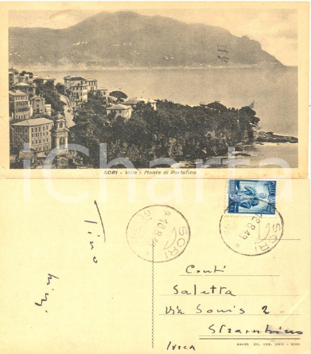 Autografo originale 1943 SORI (GE) Ville e monte di Portofino *Cartolina conti SALETTA di STRAMBINO 1