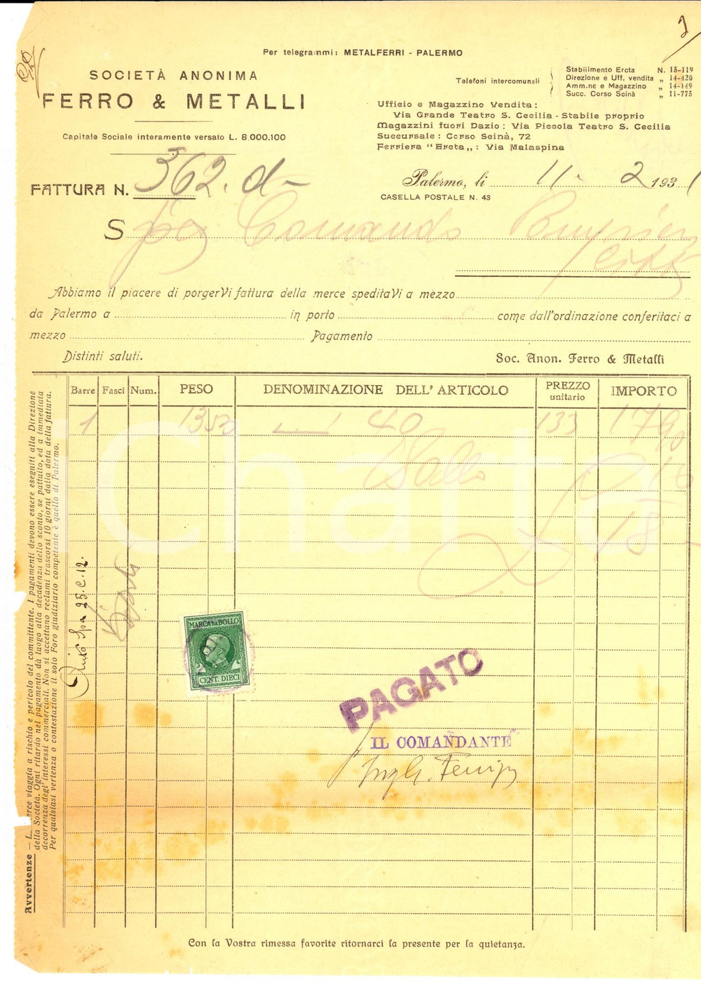 1931 PALERMO Società Anonima FERRO & METALLI *Fattura intestata
