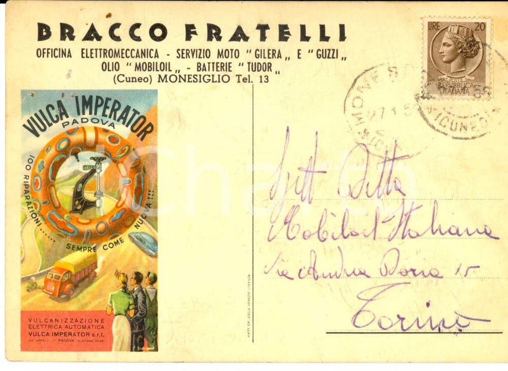 Cartolina originale da collezione 1956 MONESIGLIO CN Officina BRACCO Cartolina pubblicitaria VULCA IMPERATOR 1