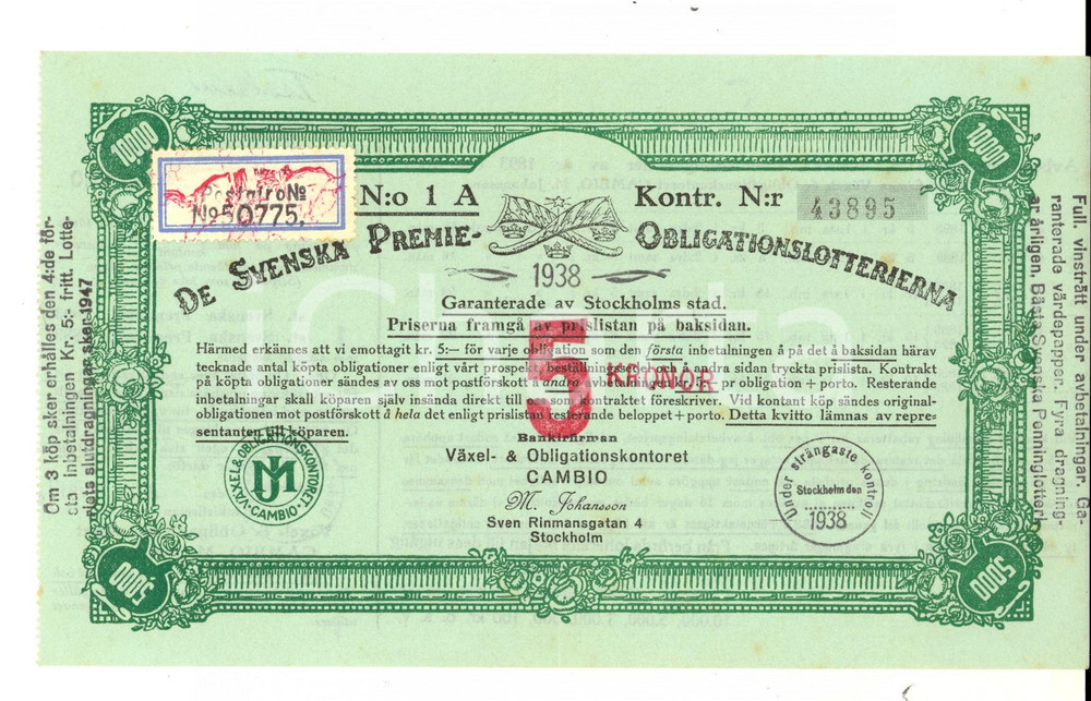 Oggetto da collezione cartaceo 1938 STOCKHOLM SWEDEN De Svenska Premie  Obligationslotterierna 5 kronor 1