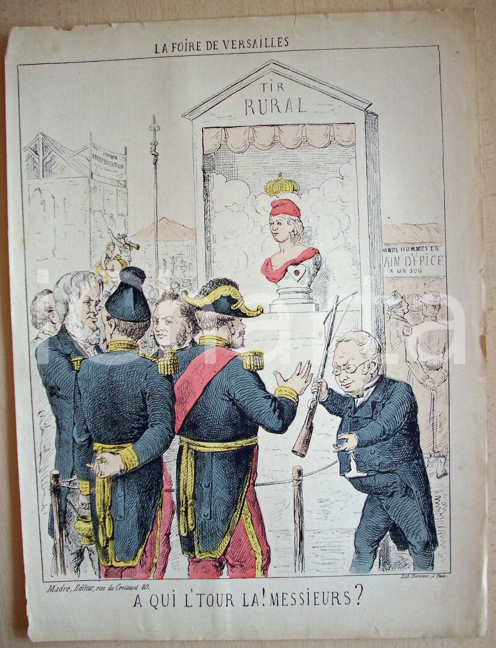 Stampa, bozzetto originale 1871 Caricatura La foire de VERSAILLES Tiro alla COMUNE 1