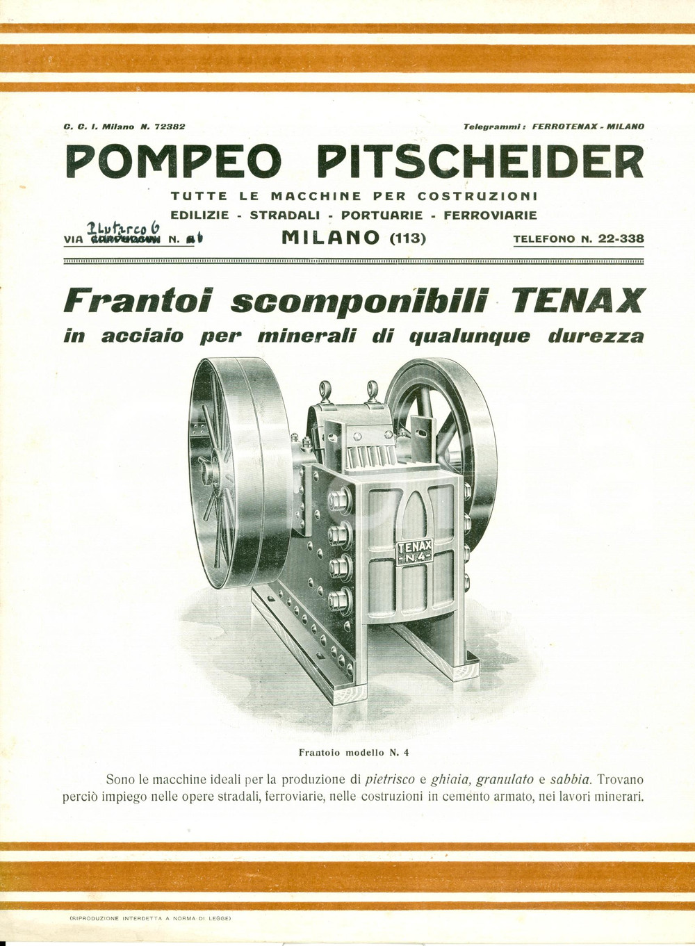 Materiale pubblicitario d’epoca 1940 ca MILANO Frantoi scomponibili TENAX Pompeo PITSCHEIDER Illustrato 1