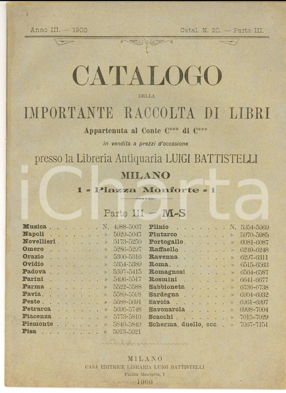 Libro, pubblicazione d epoca 1900 MILANO Catalogo Luigi BATTISTELLI  Libri Conte C di C parte 3 1