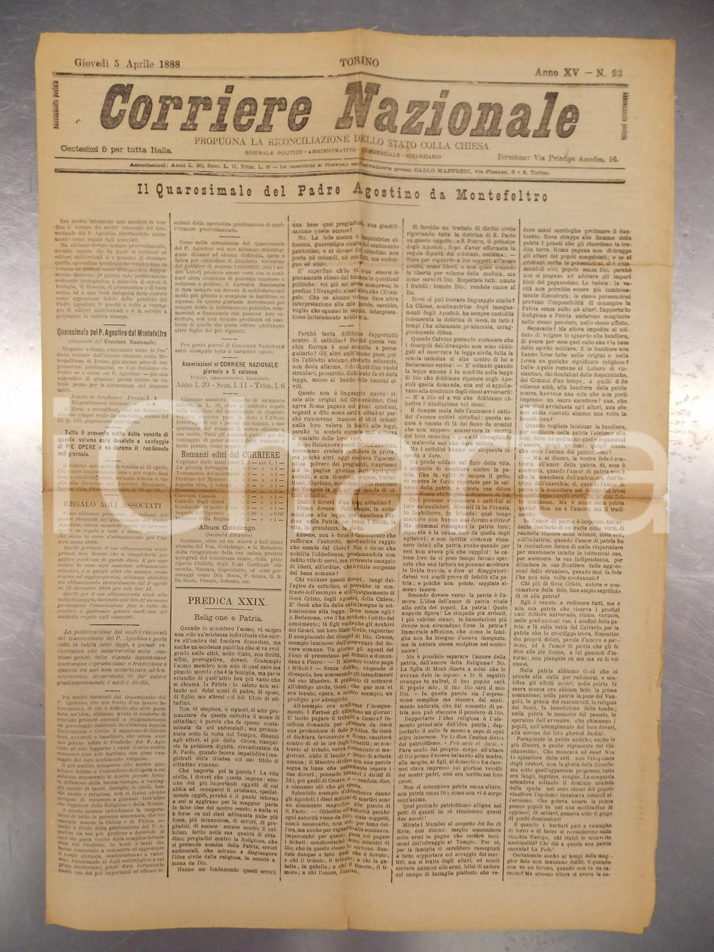 Giornale, rivista storica 1888 CORRIERE NAZIONALE Padre Agostino da MONTEFELTRO su Religione e Patria 1