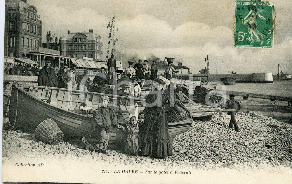 1910 LE HAVRE (FRANCE) Sure le galet Ã  Frascati - Carte Postale FP VG  Cartolina postale d'epoca, viaggiata.CONDIZIONI: P (profonda piegatura all'angolo superiore destro)FORMATO: FP    originale e autentica 1