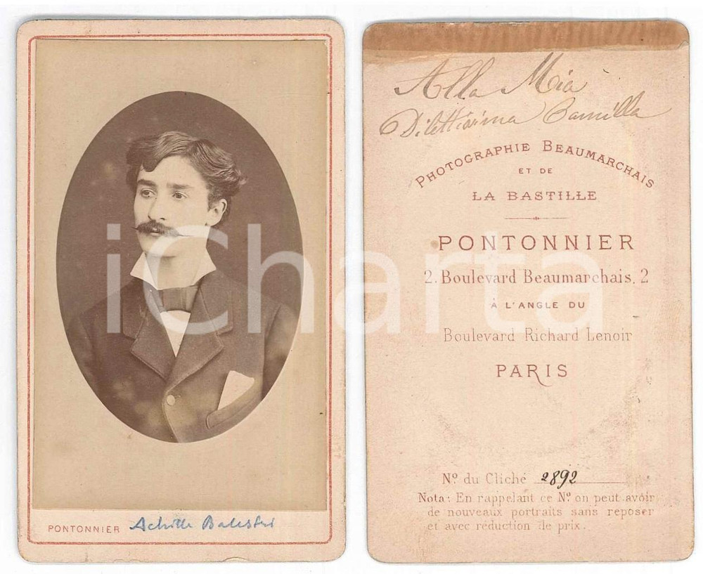Fotografia d epoca originale 1875 ca PARIS Ritratto di Achille BALESTRI  Foto PONTONNIER CDV 1