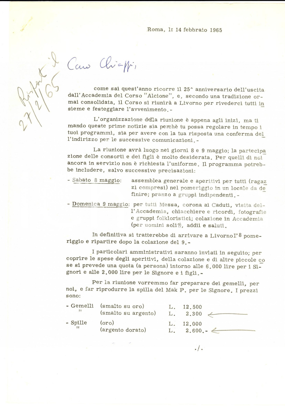 Autografo originale 1965 Accademia Navale LIVORNO Emanuele GIARTOSIO organizza festa CORSO ALCIONE 1