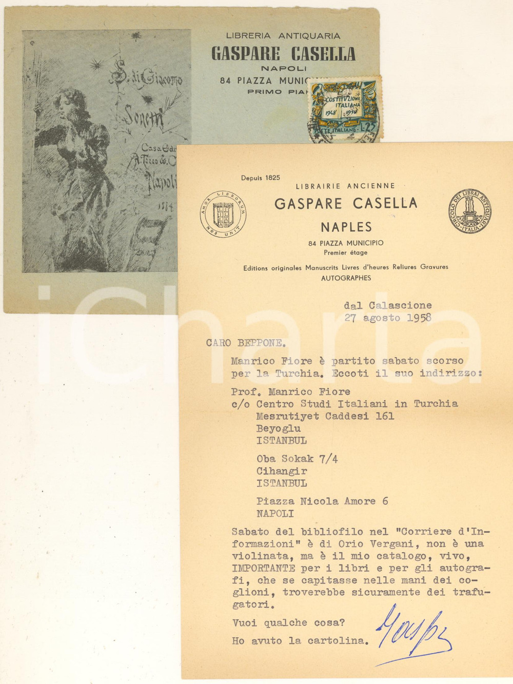 Autografo originale 1958 NAPOLI Lettera Gaspare CASELLA sul proprio catalogo Autografo 1