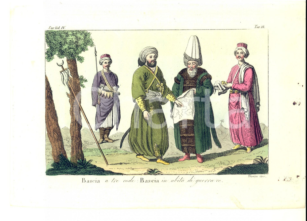 Stampa, bozzetto originale 1826 FERRARIO COSTUME EUROPEO ISTANBUL Bascia a tre code Inc. VERICO 1