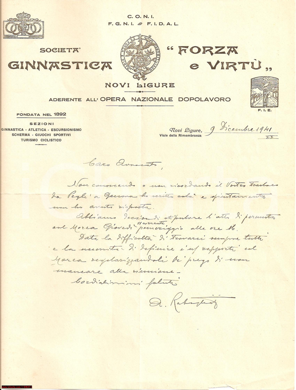 Documento originale, autentico 1941 NOVI LIGURE (AL) SocietÃ  Ginnastica FORZA E VIRTU' 1