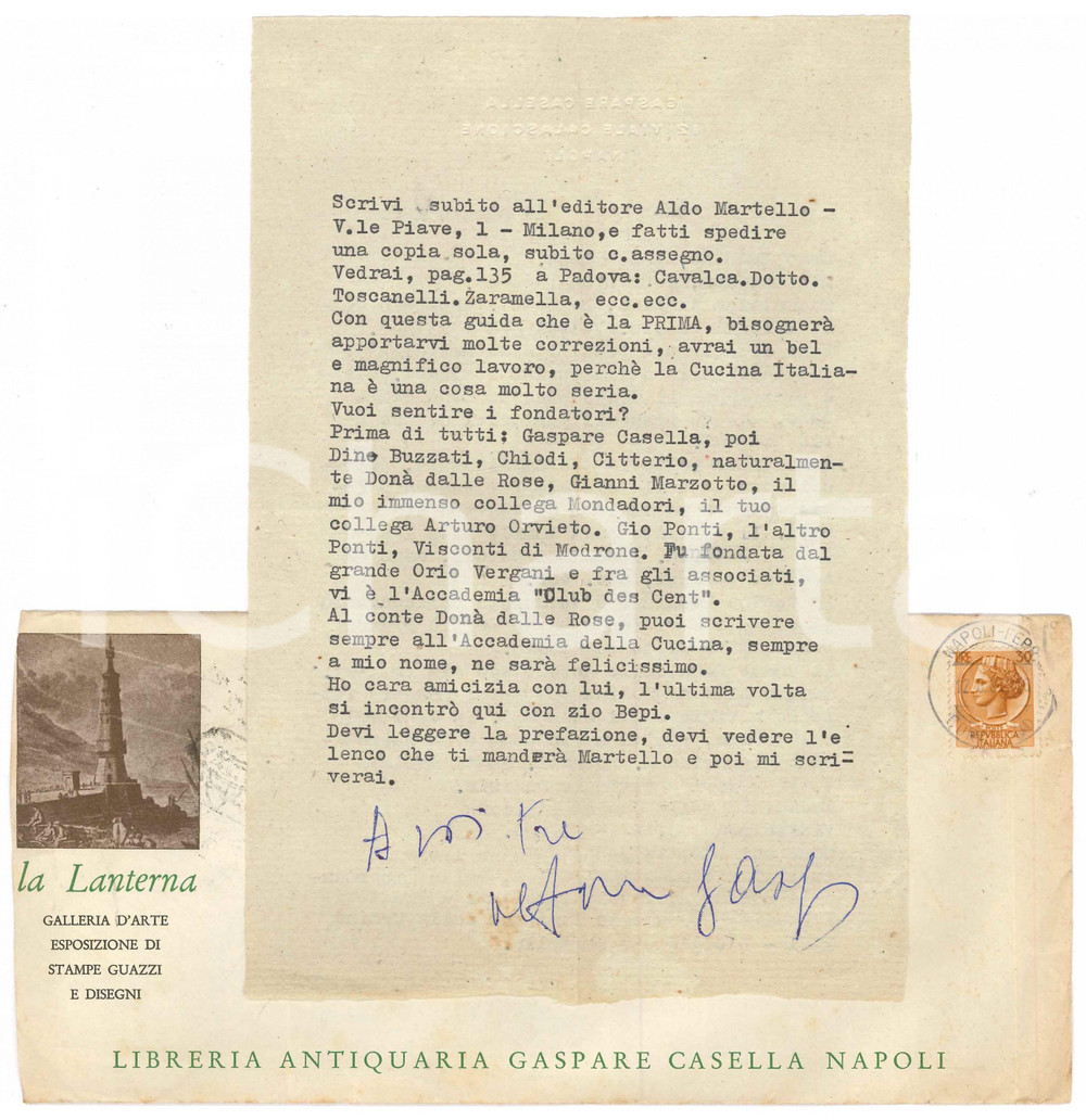 1961 NAPOLI Gaspare CASELLA sui fondatori della "Cucina Italiana" - Autografo