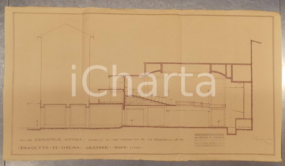 Mappa, planimetria storica 1925 MILANO Fausto DE DOMINICIS Edificatrice VITTORIA Progetto cinema SAN CARLO 1