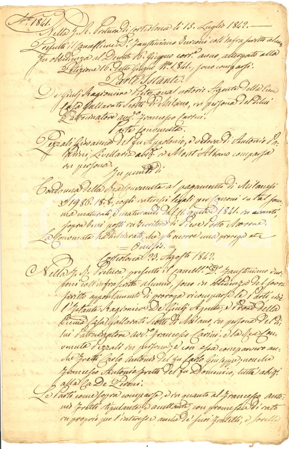 Documento originale, autentico 1842 CORTEOLONA (PV) Affitti a Casa GALLARATI SCOTTI 1