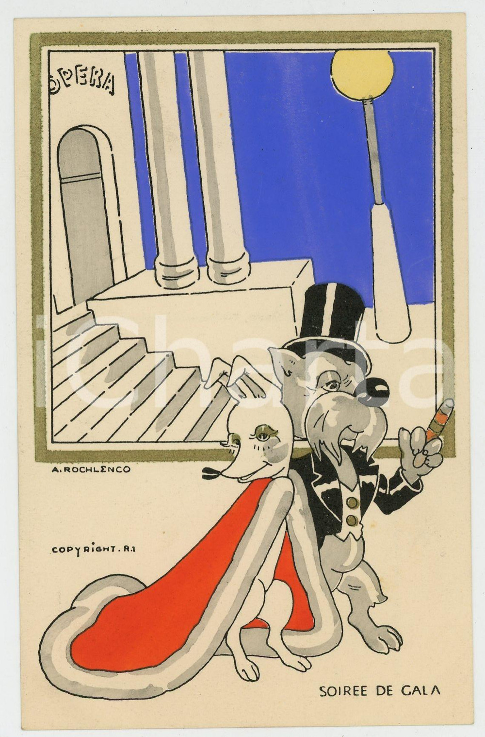 1930 ca Artist A. ROCHLENCO Soirée de gala ANTHROPOMORPHIC Postcard FP NV  Cartolina postale d'epoca, viaggiata.CONDIZIONI: FAIRFORMATO: FP    originale e autentica 1