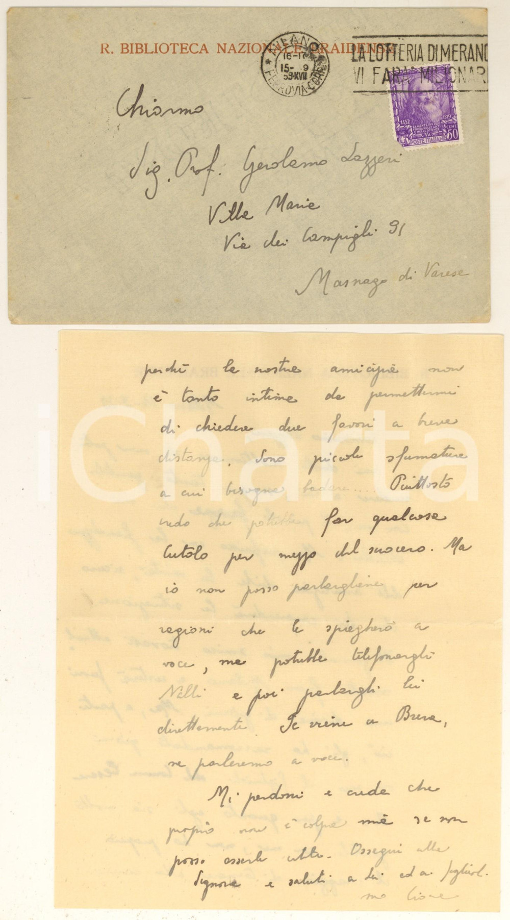 Autografo originale 1939 MILANO Lettera Domenico Edmondo CIONE a Gerolamo LAZZERI Autografo 1