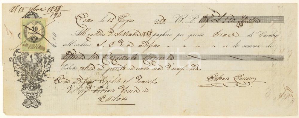 Documento originale, autentico 1858 LOMBARDO-VENETO COMO Cambiale di Antonio CARCANO per Antonio SFONDRINI 1