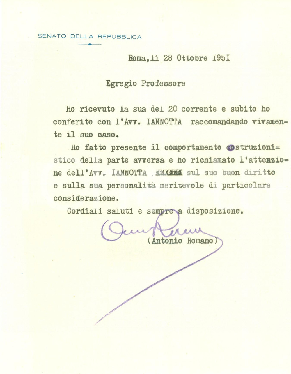 Autografo originale 1951 ROMA Senatore Antonio ROMANO raccomanda SANTANGELO all avvocato IANNOTTA 1