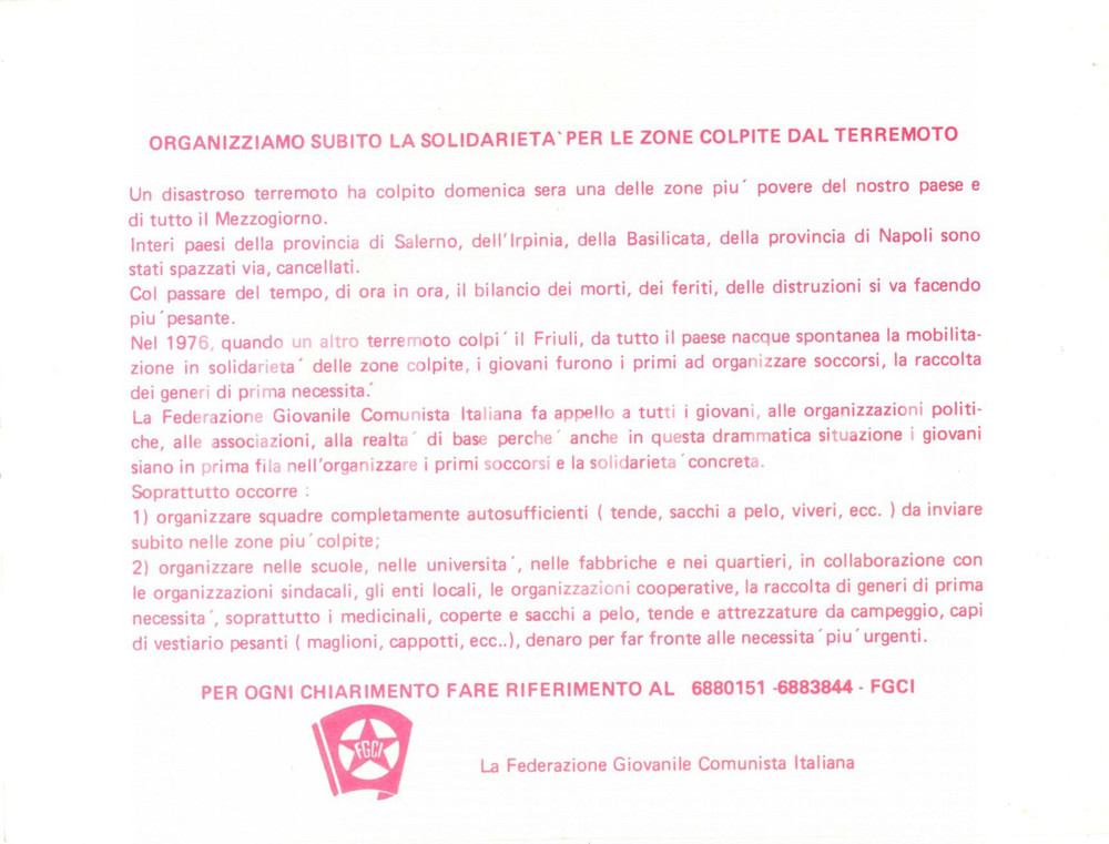 Materiale pubblicitario d’epoca 1980 TERREMOTO DELL'IRPINIA Federazione FGCI organizza aiuti per sfollati 1