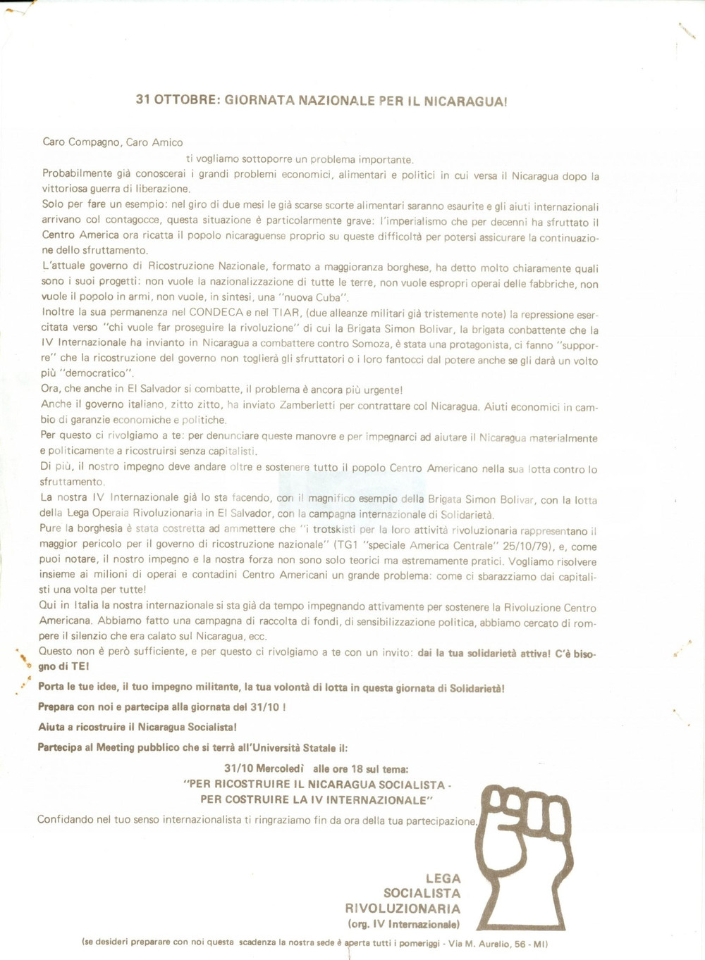 Materiale pubblicitario d’epoca 1979 MILANO Lega Socialista Rivoluzionaria per il NICARAGUA *Documento 1