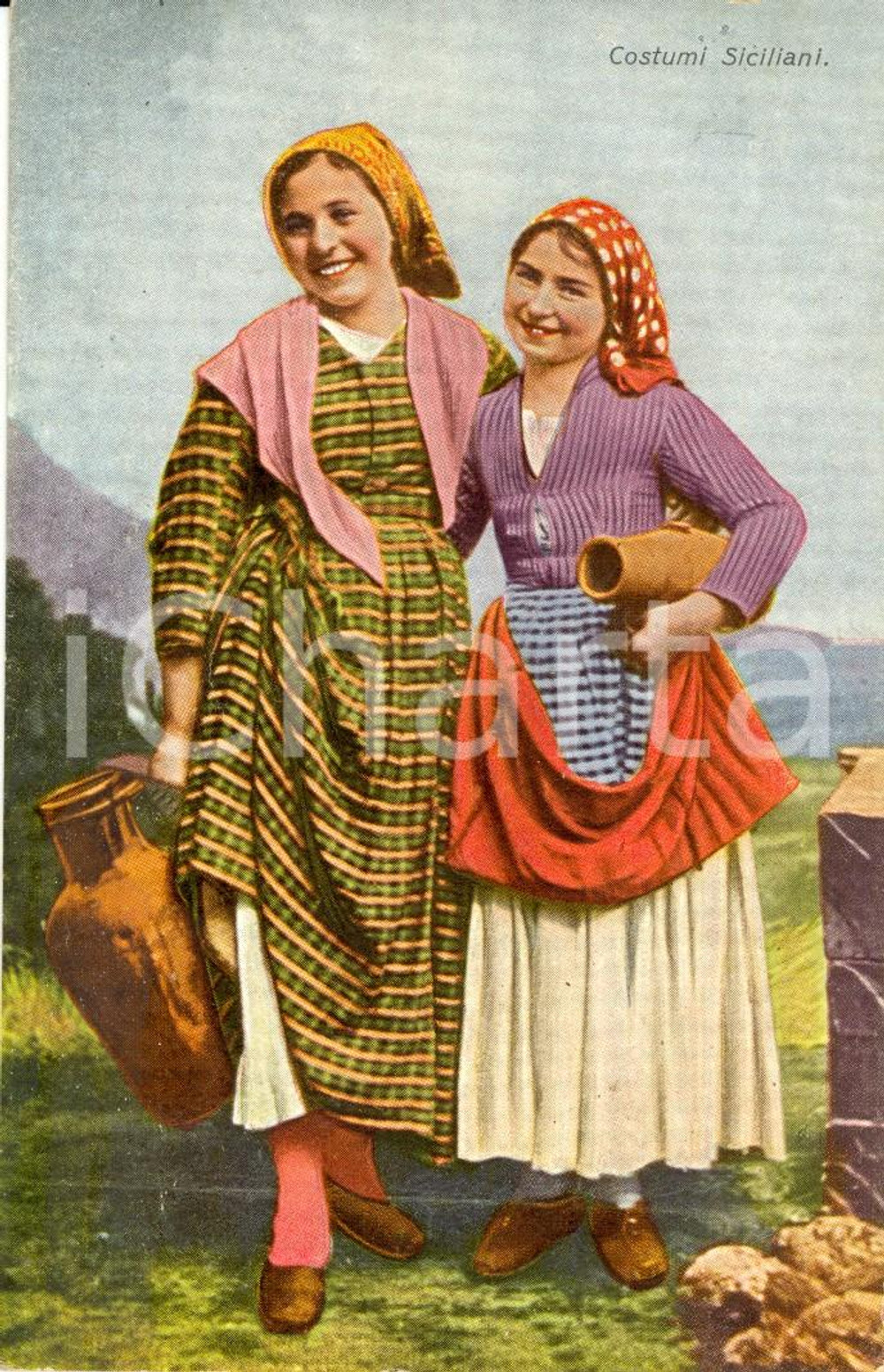 Cartolina originale da collezione Donne siciliane alla fonte - Illustrazione d'epoca 1