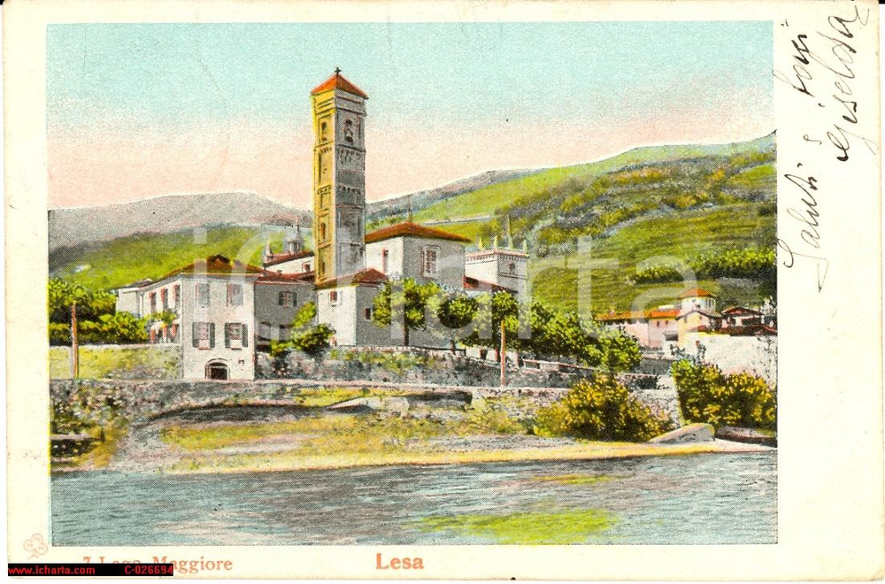 Cartolina originale da collezione 1908 Lesa Lago Maggiore *lungolago illustrata NV 1