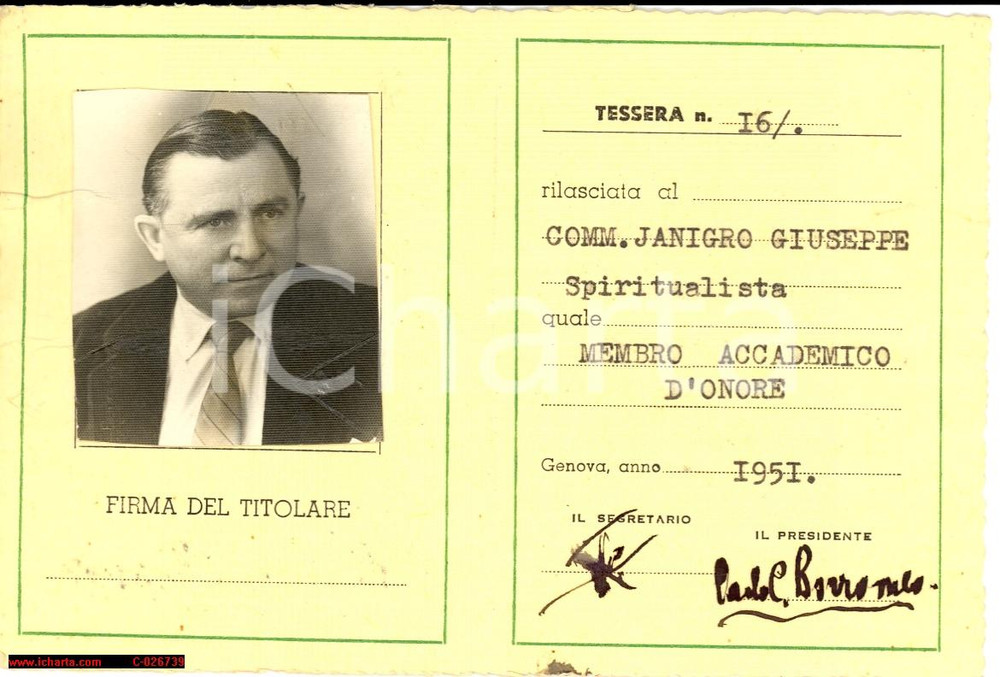 Oggetto da collezione cartaceo 1951 GENOVA Accademia Borromeo tessera Giuseppe JANIGRO 1