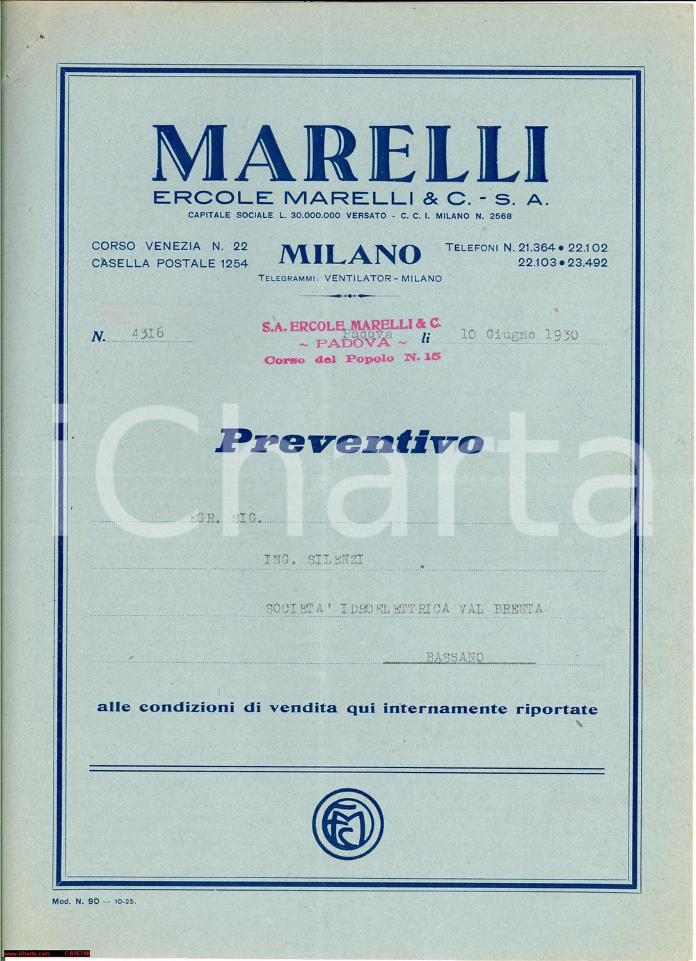 Documento originale, autentico 1930 MILANO Ditta ERCOLE MARELLI - Preventivo per trasformatori 1
